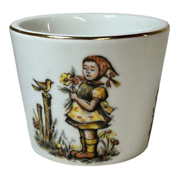 Vtg Price Imports Japan Ceramic Planter Girl Dandelion Flowers Boy Bird Gold Rim - Picture 3 of 7